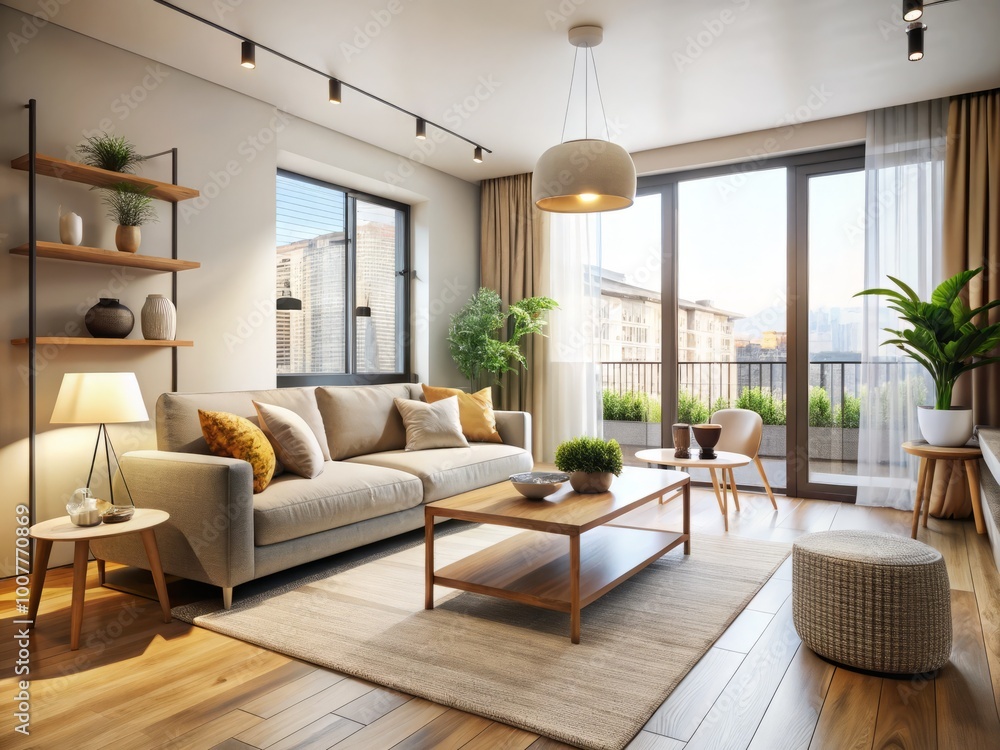 Bright and airy modern two-bedroom apartment with sleek minimalist decor, large windows, creamy walls, and stylish Bright and airy modern two-bedroom apartment with sleek minimalist decor, large windows, creamy walls, and stylish
