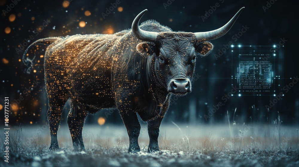 A powerful bull with glowing particles and a digital interface in the background, representing strength, technology, and progress. A powerful bull with glowing particles and a digital interface in the background, representing strength, technology, and progress.