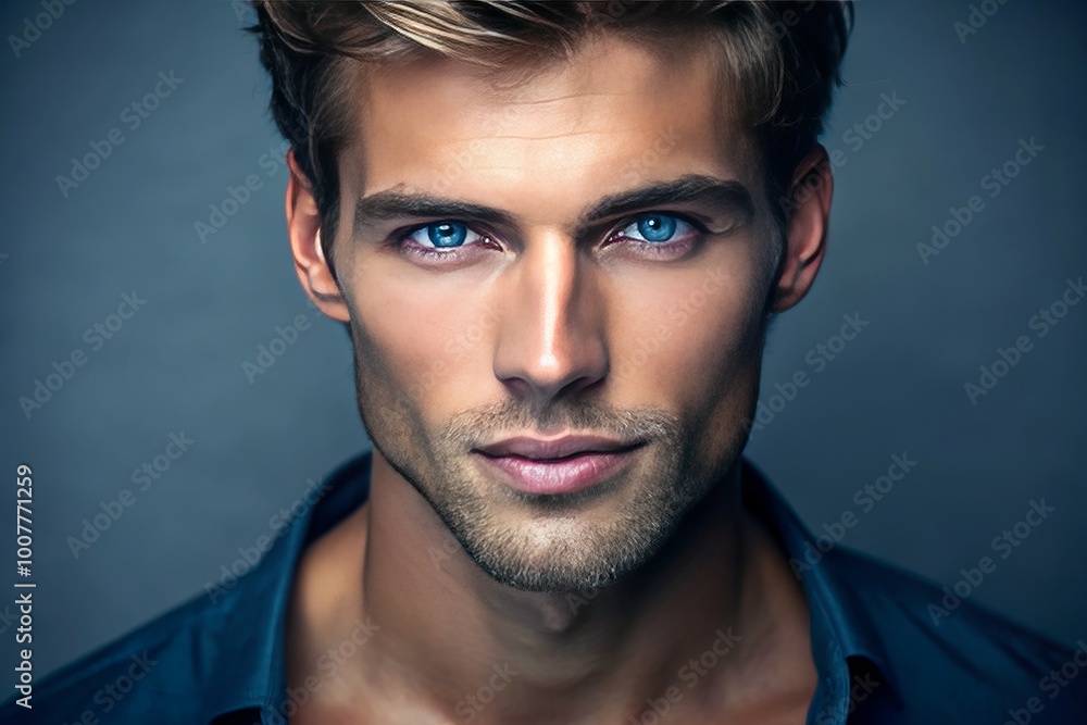 Chiseled features, piercing blue eyes, and a strong jawline define this confident, stylishly groomed male model with a Chiseled features, piercing blue eyes, and a strong jawline define this confident, stylishly groomed male model with a