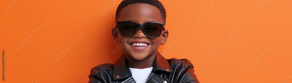 Stylish Child Smiling Against Bright Orange Background Stylish Child Smiling Against Bright Orange Background