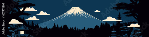 Minimalist Landscape of Mount Fuji with Japanese Style Trees and Sky in Deep Blue Tones, Featuring Iconic Silhouette and Traditional Elements