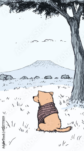 Dog Wearing Scarf Sitting Under Tree in Snowy Field with Mount Kilimanjaro in the Distance, Cute Canine in Winter Scenery with Calm Atmosphere