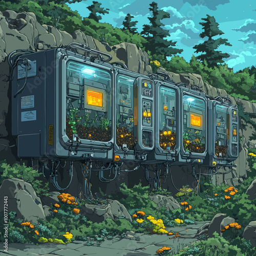 Futuristic power grid embedded in rocky mountains, surrounded by vibrant wildflowers and lush green trees under a bright sky, showcasing nature and technology integration