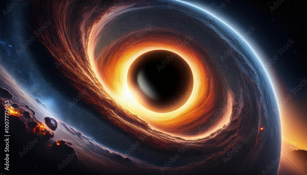 A massive black hole at the center of the cosmic void. its core a deep impenetrable black. A massive black hole at the center of the cosmic void. its core a deep impenetrable black.