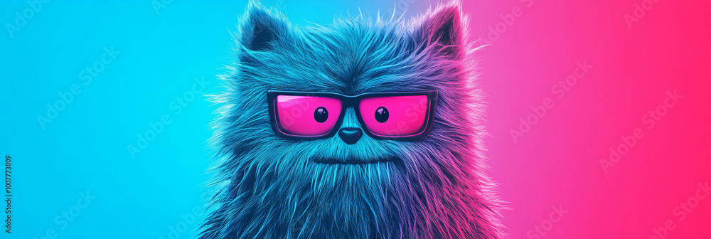 Fototapeta premium Fuzzy creature with pink sunglasses against a blue and pink background.