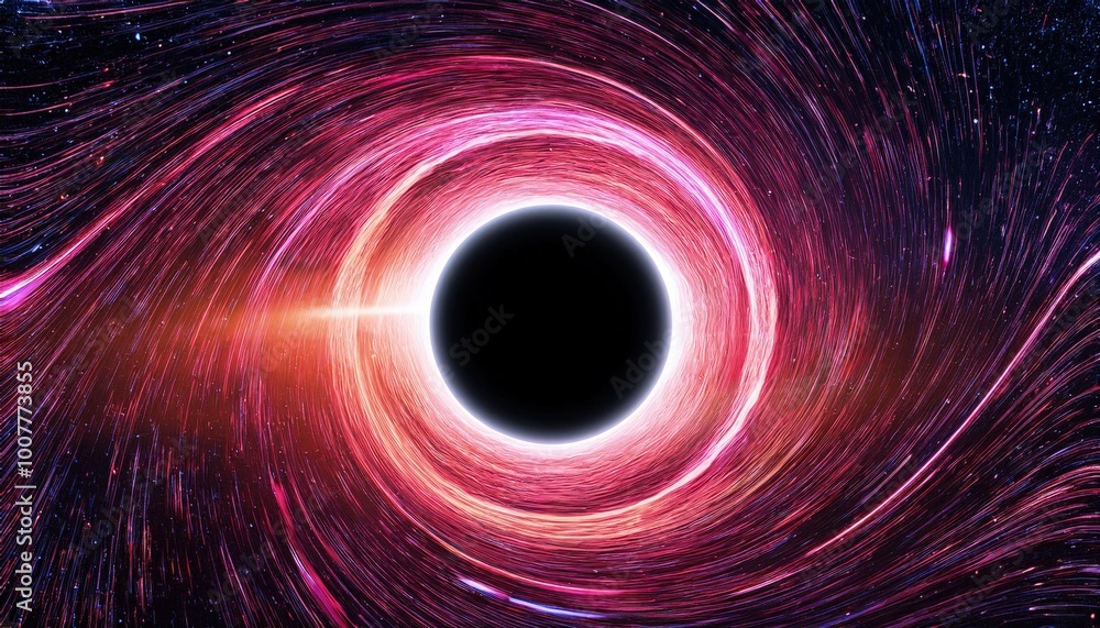 A massive black hole at the center of the cosmic void, swirl of red and purple light. its core a deep impenetrable black.