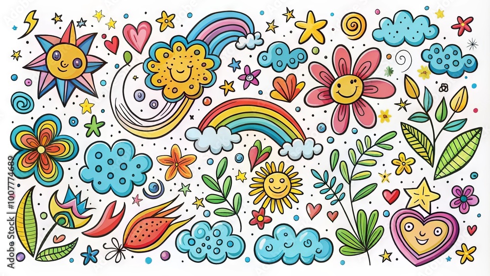 Fototapeta premium Colorful, whimsical doodle set featuring varied hand-drawn elements, including stars, clouds, flowers, and shapes, set