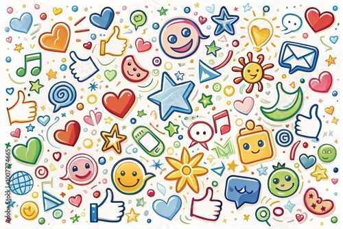 Colorful, whimsical doodles of various social media icons and symbols, including likes, shares, and comments, scattered