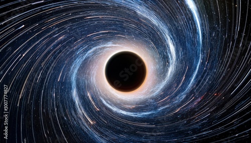 A massive black hole at the center of the cosmic void, swirl of blue and orange light. its core a deep impenetrable black.