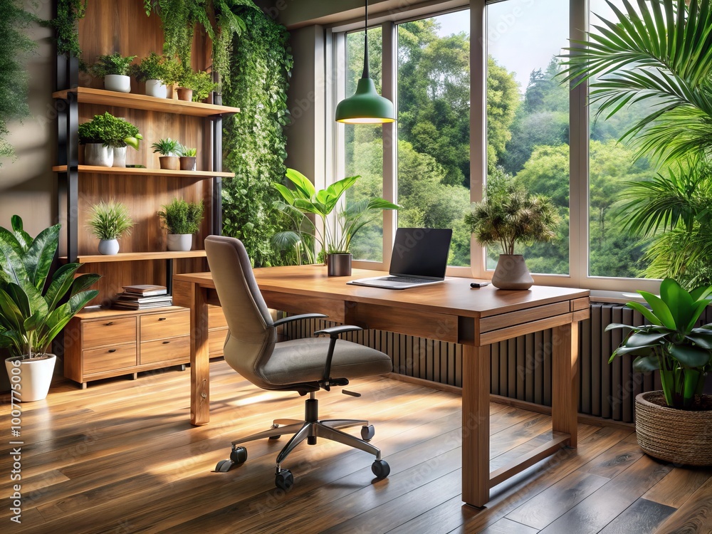 Contemporary acacia wood desk with ergonomic chair and modern decorations in a well-lit, spacious office, surrounded by Contemporary acacia wood desk with ergonomic chair and modern decorations in a well-lit, spacious office, surrounded by