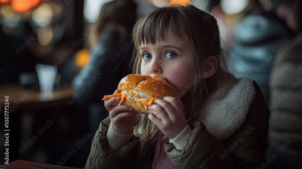 A young child enjoying a sandwich at a bustling fast food restaurant during National Fast Food Day A young child enjoying a sandwich at a bustling fast food restaurant during National Fast Food Day