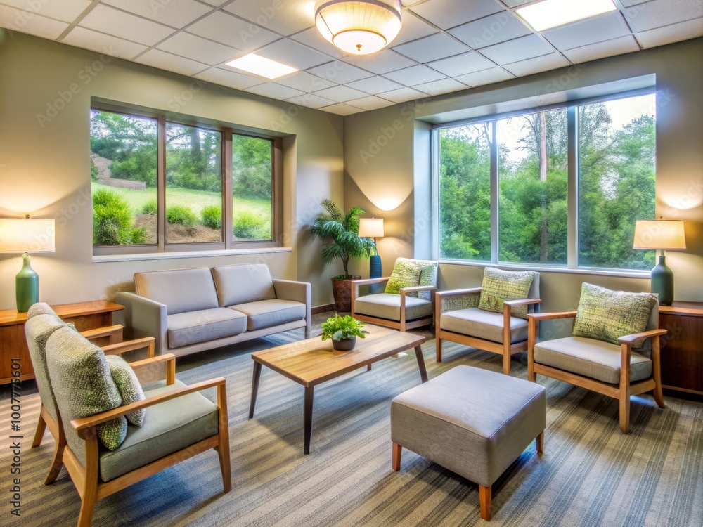 Cozy modern clinic waiting room with comfortable seating, soothing colors, and plenty of natural light, inviting Cozy modern clinic waiting room with comfortable seating, soothing colors, and plenty of natural light, inviting