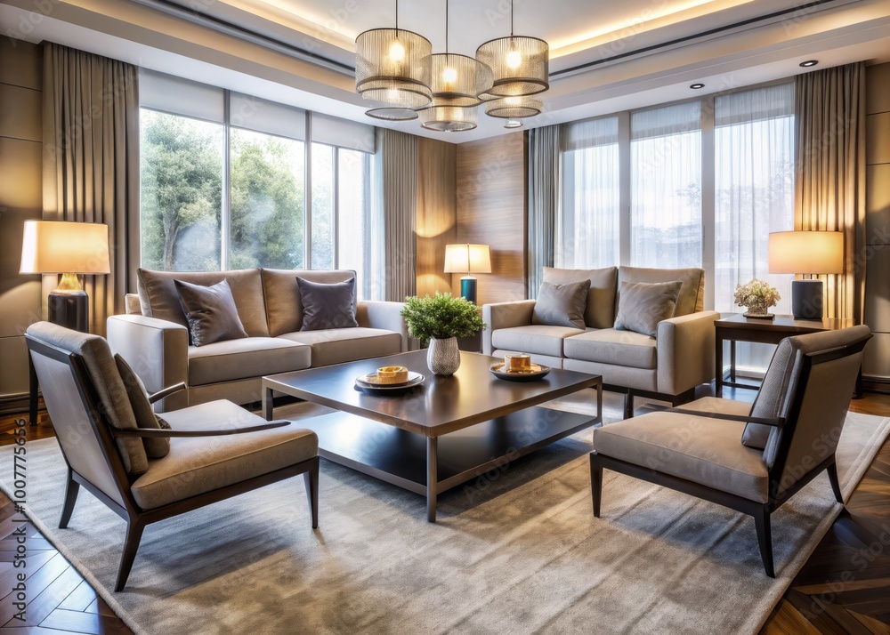 Cozy modern living room setup featuring four stylish chairs arranged around a sleek coffee table, surrounded by elegant Cozy modern living room setup featuring four stylish chairs arranged around a sleek coffee table, surrounded by elegant
