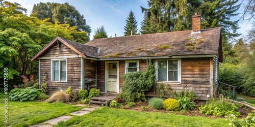 Cozy small ranch house exterior before renovation, with overgrown garden, worn wooden siding, and old roof, awaiting