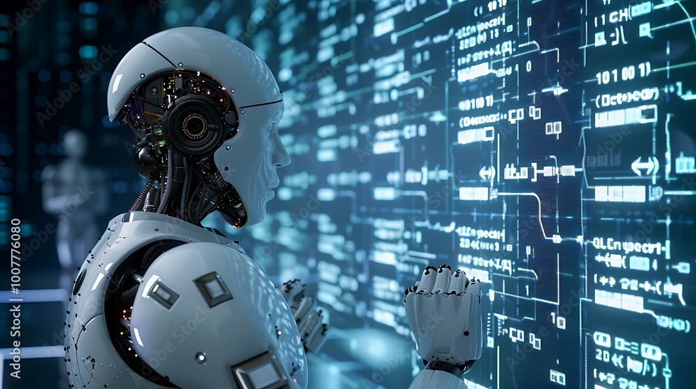White humanoid robot stands in front of digital screen interacts with data. Advanced technology of digital code robot illustrates the advancement of artificial intelligence. White humanoid robot stands in front of digital screen interacts with data. Advanced technology of digital code robot illustrates the advancement of artificial intelligence.