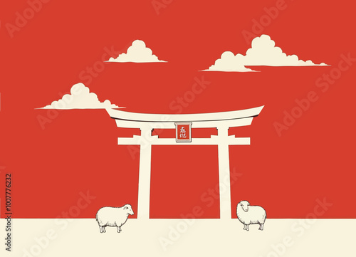 Red and White Torii Gate with Sheep 
