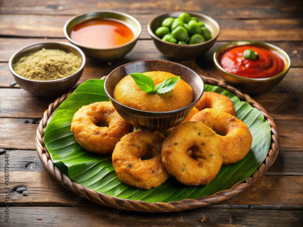 Crispy fried Indian doughnut vada surrounded by steaming hot sambar and chutney, garnished with fresh cilantro and Crispy fried Indian doughnut vada surrounded by steaming hot sambar and chutney, garnished with fresh cilantro and