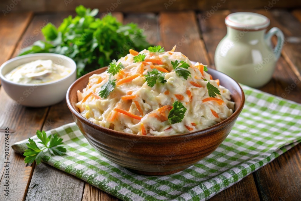 Crunchy shredded cabbage and carrots mixed with creamy mayonnaise and a hint of vinegar, served chilled in a