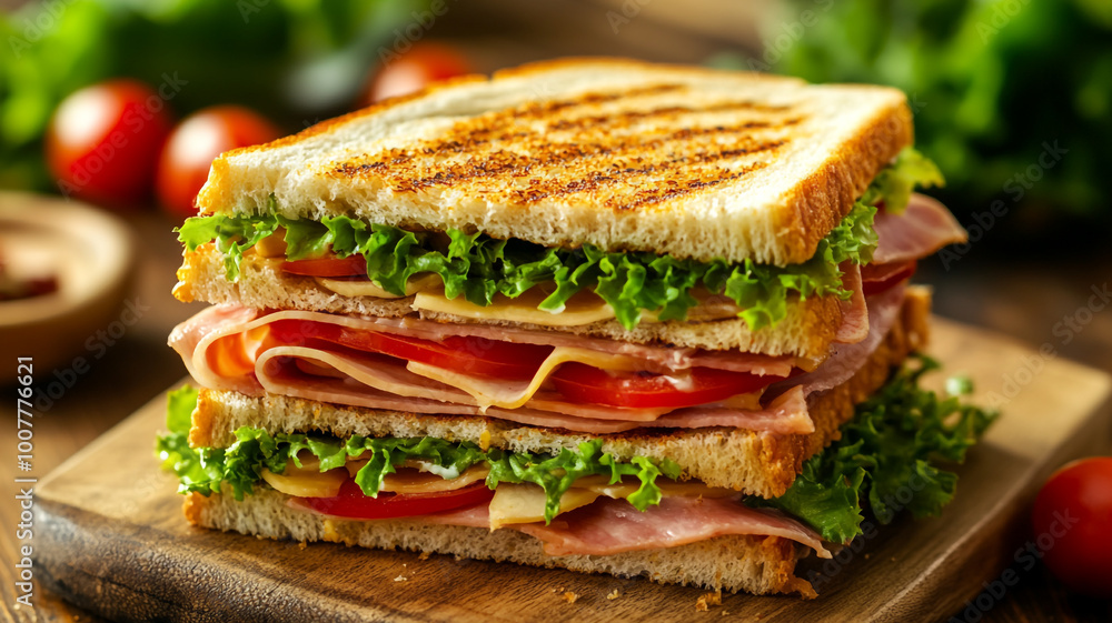 Enjoying a hearty sandwich stacked high with fresh ingredients on National Fast Food Day Enjoying a hearty sandwich stacked high with fresh ingredients on National Fast Food Day