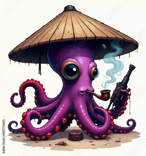 Purple Octopus with a Hat and a Pipe 
