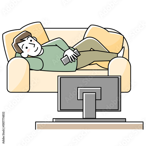 ソファでくつろぎながらテレビを見る男性