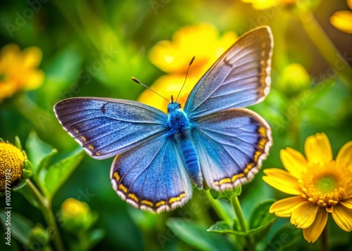 Delicate blue butterfly perches on vibrant yellow flower petal, its iridescent wings glistening in soft sunlight,