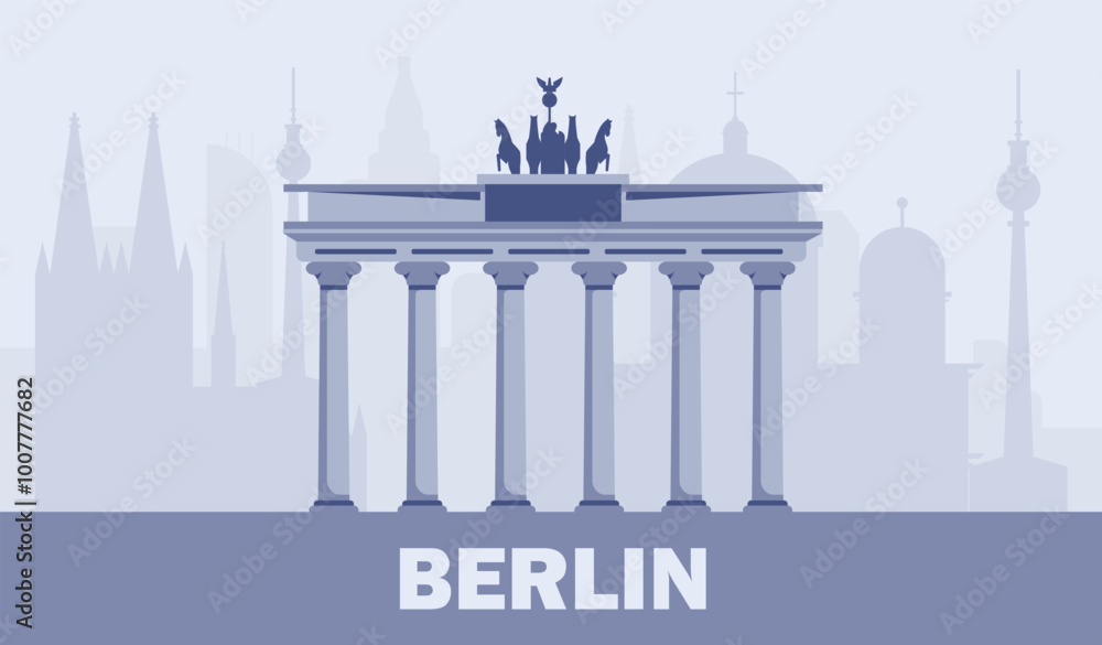 Fototapeta premium Skyline of Berlin. National German Landmark. Skyscapers and domes. Urban architecture and cityscape. Silhouette of city. Poster or banner for website. Flat vector illustration