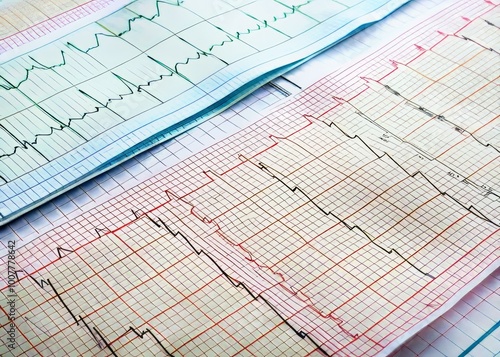 Electrocardiogram (ECG) printouts showing various abnormal heart rhythm patterns, including ventricular fibrillation,