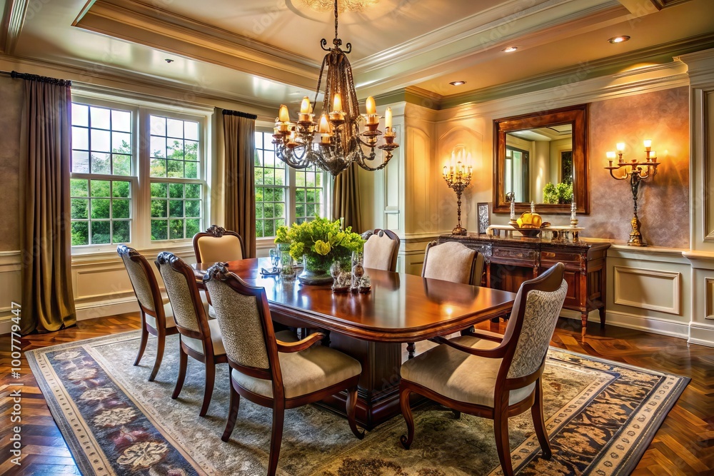 Elegant formal dining room with rich wood tone traditional table, comfortable upholstered chairs, and ornate Elegant formal dining room with rich wood tone traditional table, comfortable upholstered chairs, and ornate