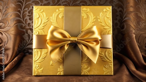 Elegant golden invitation card with a formal font and a ribbon tie, placed on a luxurious velvet background, photo