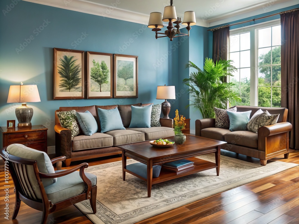Elegant living room features soothing blue walls, rich brown wooden furniture, and natural textiles, creating a warm Elegant living room features soothing blue walls, rich brown wooden furniture, and natural textiles, creating a warm