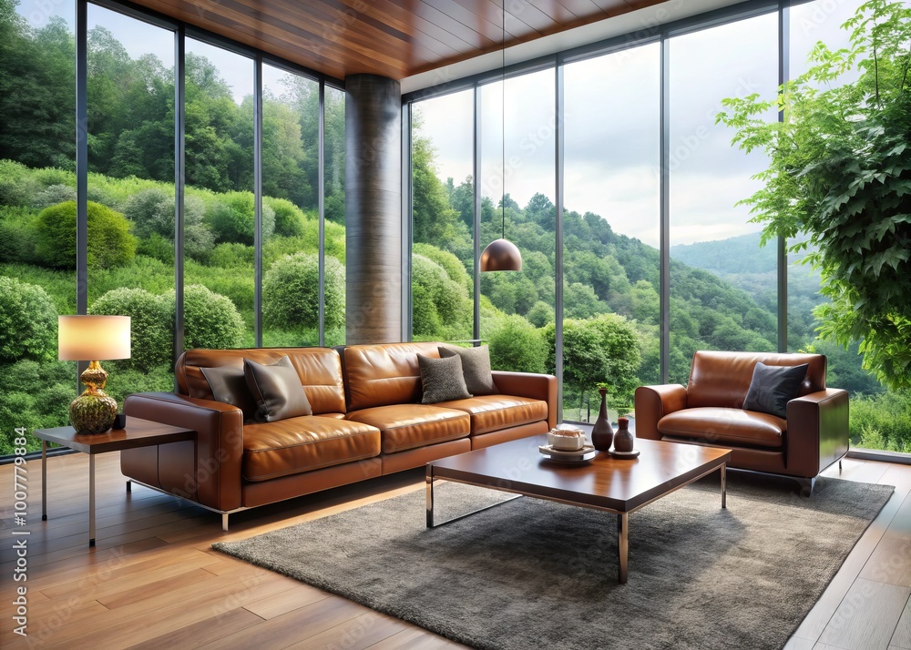 Elegant modern living room with sleek leather sofa, minimalist coffee table, and floor-to-ceiling windows overlooking Elegant modern living room with sleek leather sofa, minimalist coffee table, and floor-to-ceiling windows overlooking