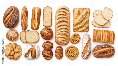 top view Various breads and pastries, various artisanal bread items, baguettes, rolls, bagels, sliced ​​bread, white background. Ai generated image