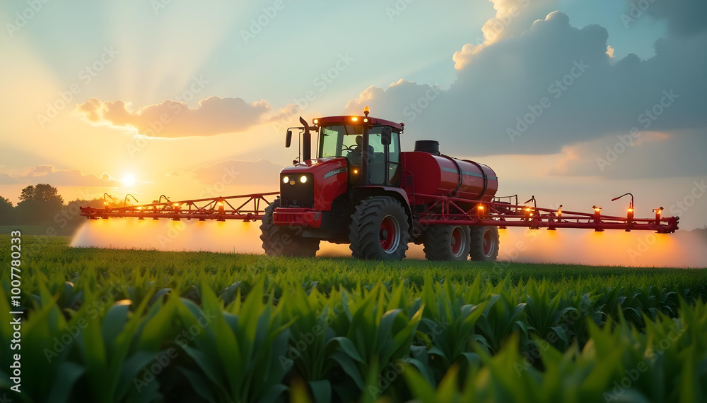 Obraz premium Red Tractor Spraying Crops at Sunset