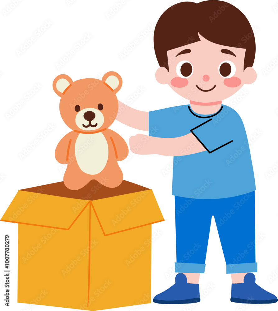 Happy Boy Playing with Teddy Bear in Cardboard Box Happy Boy Playing with Teddy Bear in Cardboard Box