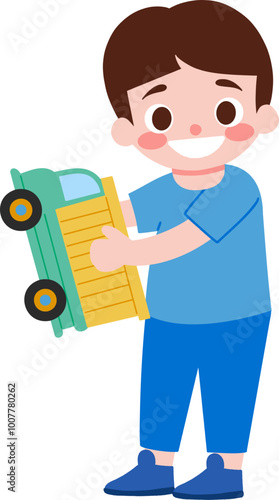 Happy Boy Playing with Toy Truck   Children s Playtime Illustration photo