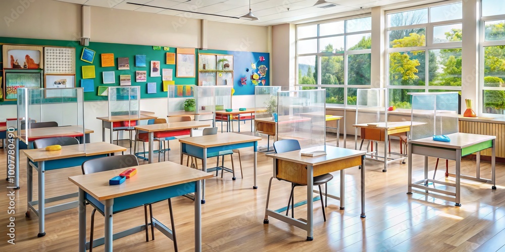 Empty desks spaced apart, plexiglass dividers, and disinfectant wipes scattered amidst colorful educational posters, Empty desks spaced apart, plexiglass dividers, and disinfectant wipes scattered amidst colorful educational posters,