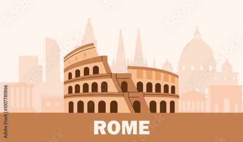 Skyline of Paris. National italian Landmark. Skyscapers and buildings. Urban architecture and cityscape. Silhouette of city. Colosseum in Italy. Poster or banner. Flat vector illustration