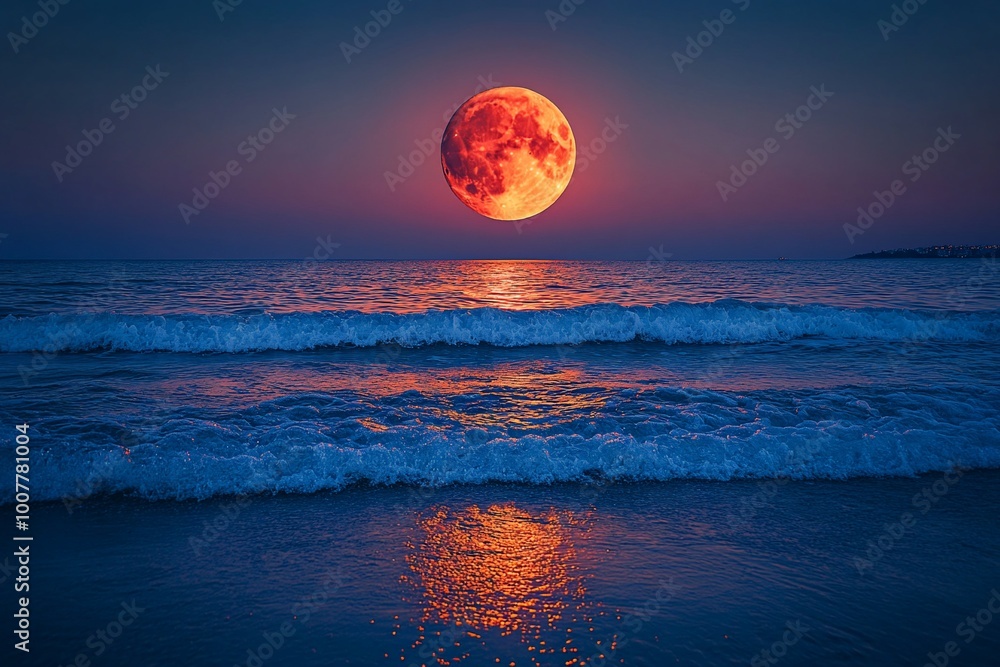A full, red moon rises over the ocean at night. A full, red moon rises over the ocean at night.
