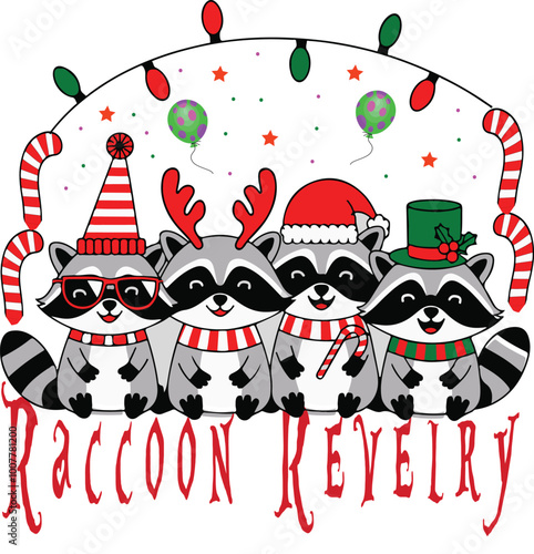 Celebrate the holidays with our vibrant "Raccoon Revelry" design! Featuring festive raccoons in playful attire, it's perfect for adding joy and whimsy to your seasonal decor or apparel!