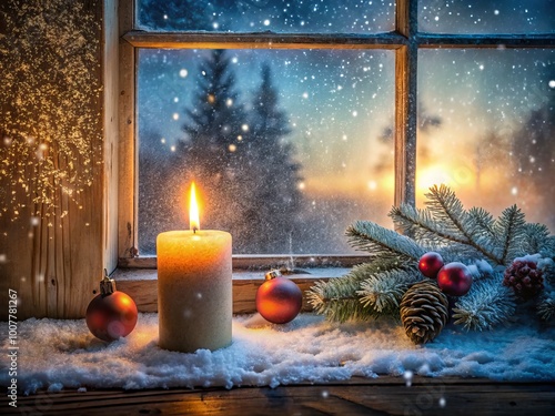 Flickering candlelight illuminates a solitary, forgotten ornament on a dusty, snowflake-covered windowsill, evoking a photo