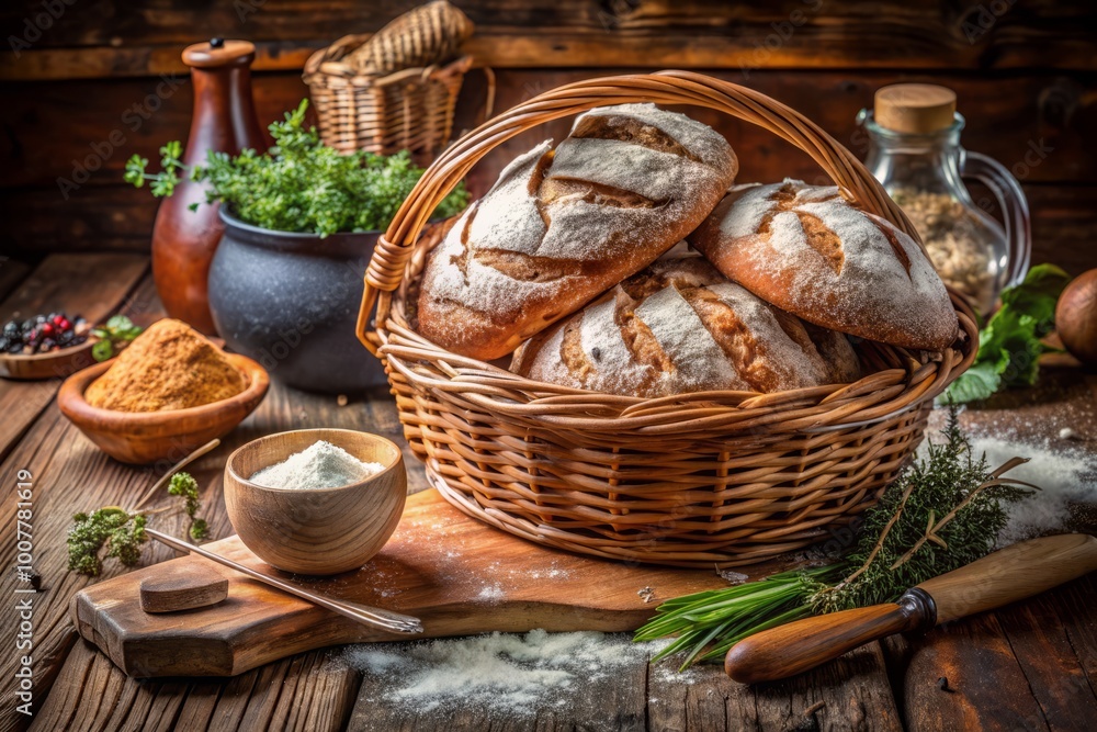 Freshly baked artisanal bread overflowing from a wicker basket, surrounded by scattered flour, utensils, and fresh Freshly baked artisanal bread overflowing from a wicker basket, surrounded by scattered flour, utensils, and fresh