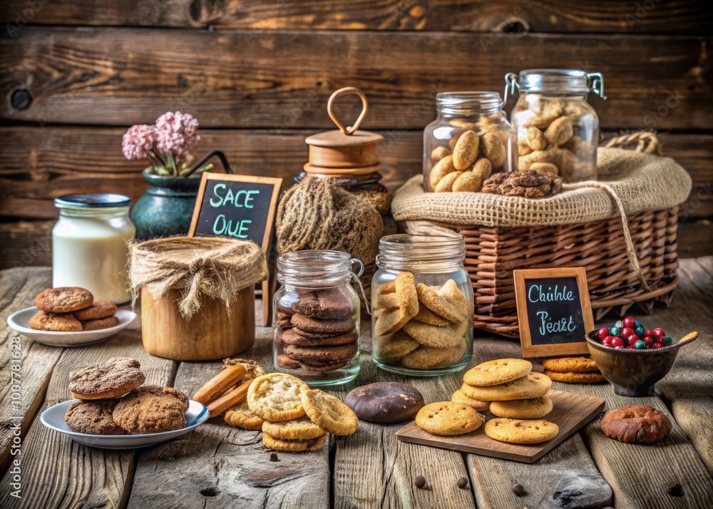 Freshly baked assorted cookies are displayed on a rustic wooden table with a Freshly baked assorted cookies are displayed on a rustic wooden table with a