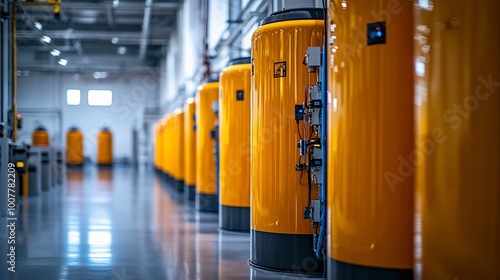 A row of large yellow industrial tanks in a factory.