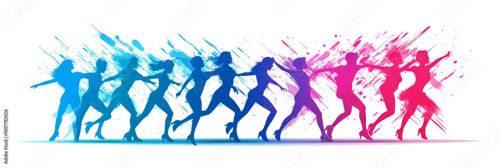Silhouettes of women running, with colorful abstract splatters. Silhouettes of women running, with colorful abstract splatters.