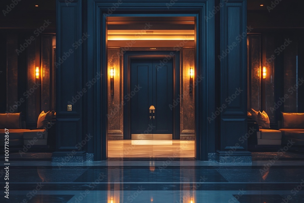 A grand entrance with dark wood doors and marble flooring. A grand entrance with dark wood doors and marble flooring.