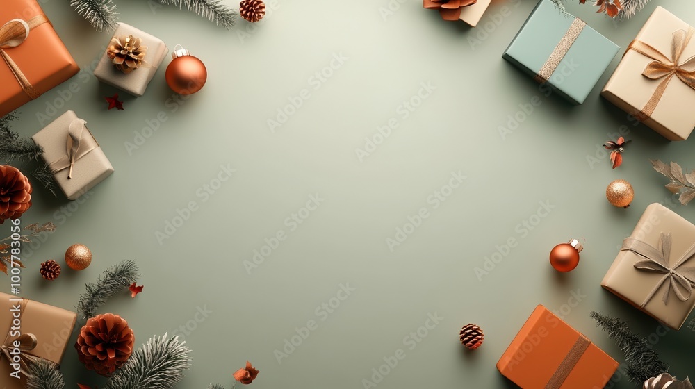 Holiday gifts and decorations arranged on a soft green background.