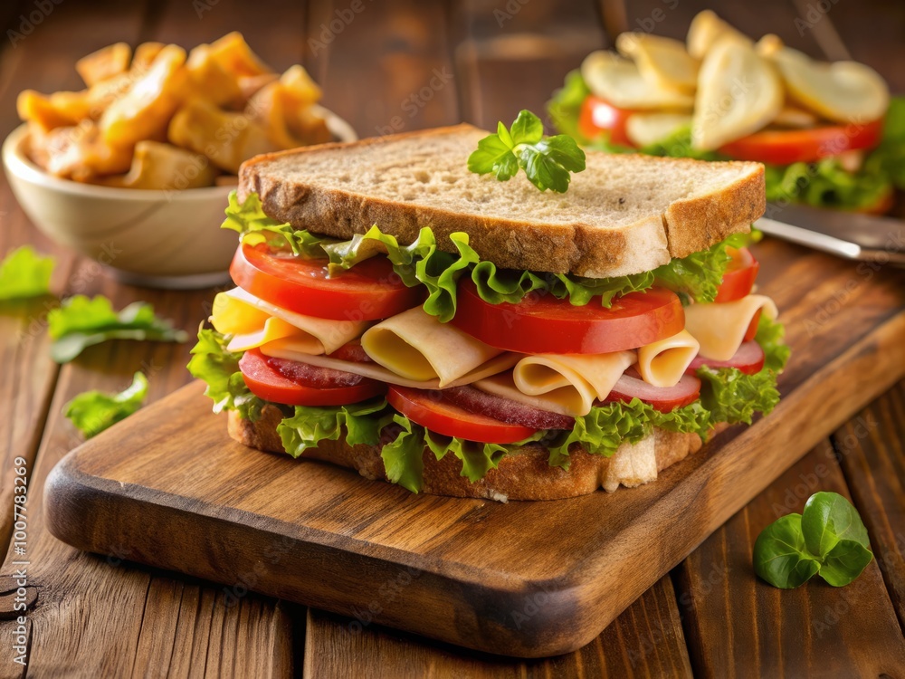 Freshly prepared cold cut sandwich on crispy bread with lettuce, tomato, and mayonnaise, served on a wooden board Freshly prepared cold cut sandwich on crispy bread with lettuce, tomato, and mayonnaise, served on a wooden board