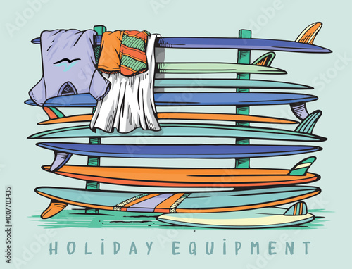 Illustration of surfboards on a stand. Art in a casual style of beach and vacation situation.