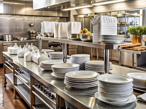 Freshly sanitized kitchen utensils and appliances sparkle alongside crisp linens and polished servingware, ready for a photo